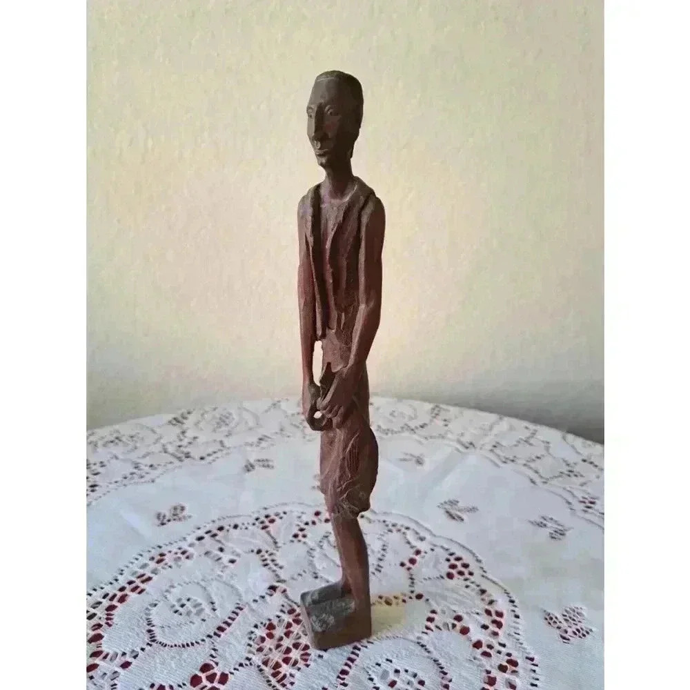 SCULPTURE Hand Carved Wooden Tall Man WITH FISH IN HAND